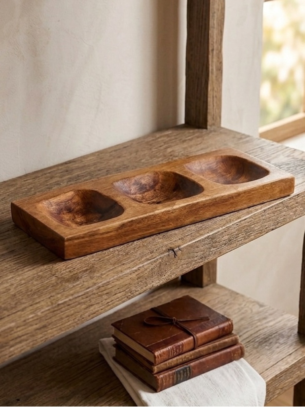 Primitive Hand Carved  Rustic Wooden Long Divided Serving or Trinket Tray